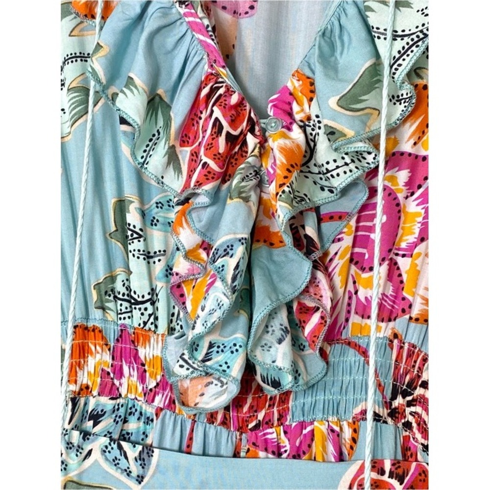 Jaase Boho Aqua Light Blue Floral Dress Ruffle Flowy Tassel Smocked Medium - Picture 10 of 16